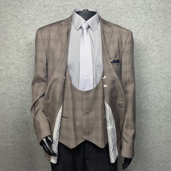 West End Mens 3pc Suit Tan Plaid Check 48L IT Fits US 44L/46L 40W Tapered Pants - Picture 6 of 15